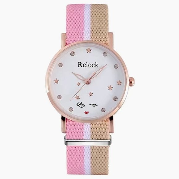 RClock Accessories - Watch Women’s Analog Round  Adjustable Preppy Stripe Canvas Band Pink Tan